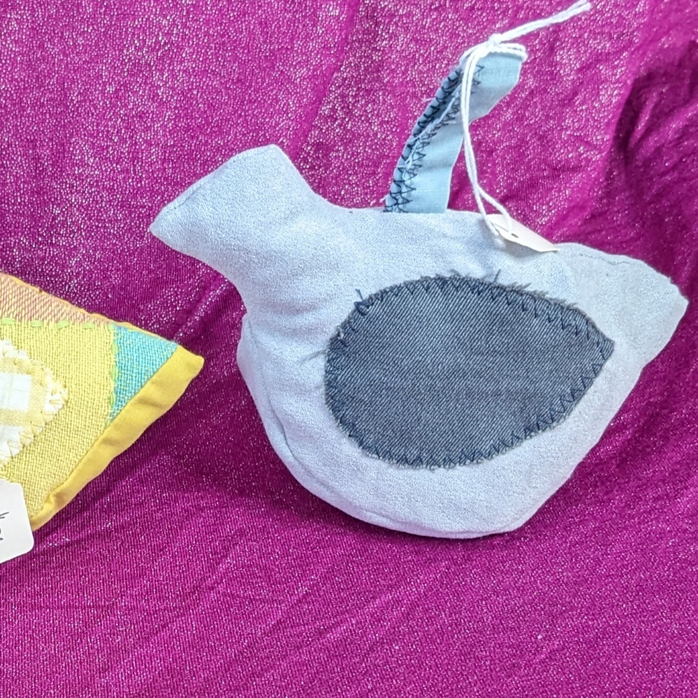 Upcycled fabric grey bird ornament toy